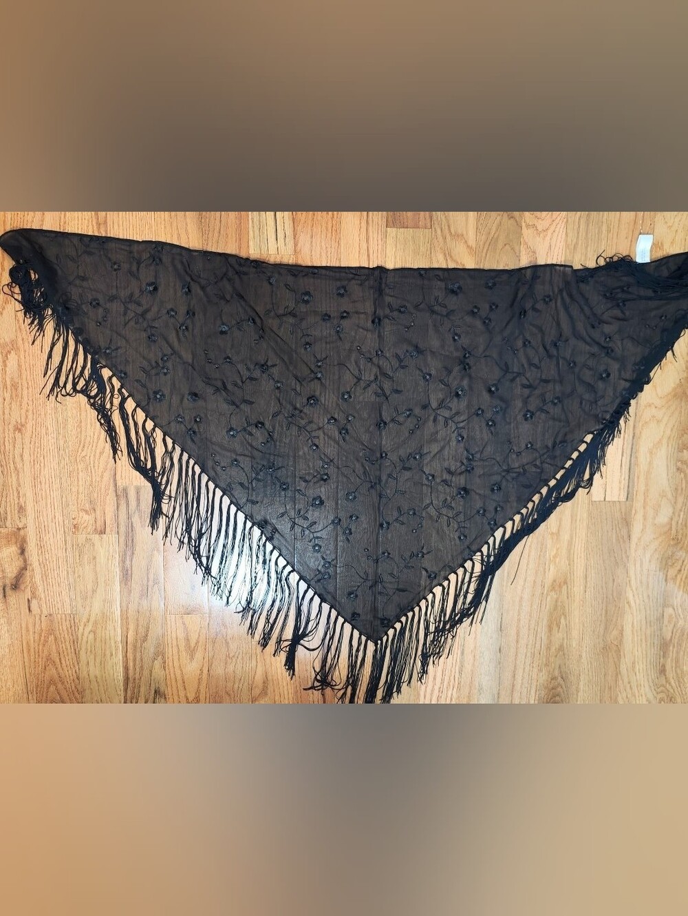 Black Embroidered Fringe Triangle Shawl Scarf